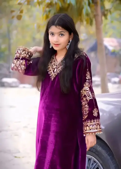 Winter Collection Heavy Viscose Velvet Embroidery Sequence Work Kids Wear Ethnic Suit