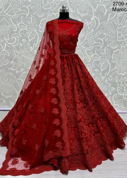 Bright Red Net Embroidery Designer Wedding Lehenga Choli
