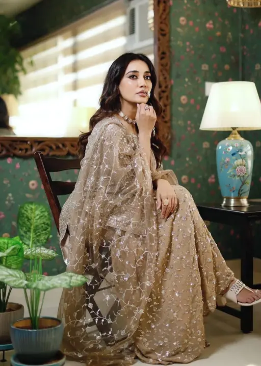 Eid Wear Golden Sharara Set With Full Sequence And Embroidery Bollywood Suits