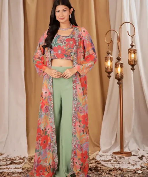 Green Color Designer Indo Western Skirt With Blouse And Jacket