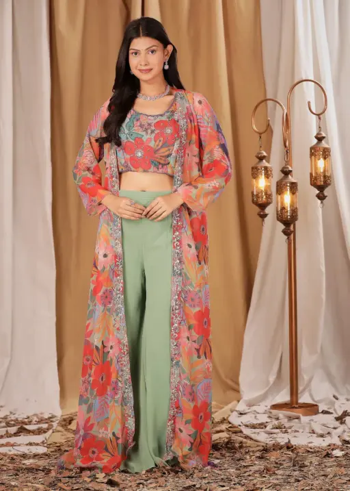 Green Color Designer Indo Western Skirt With Blouse And Jacket