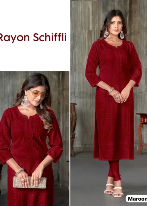 Heena Schiffli Work Straight Kurti Top