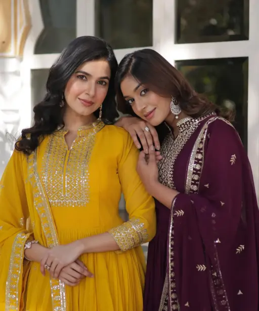 Premium Georgette Heavy Embroidery Border Readymade Gown With Dupatta