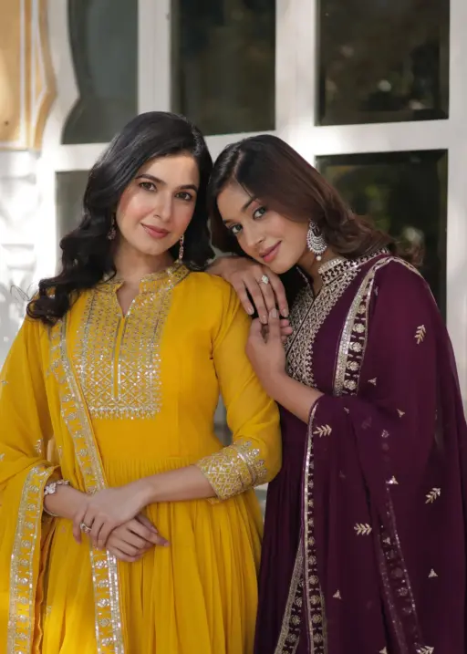 Premium Georgette Heavy Embroidery Border Readymade Gown With Dupatta