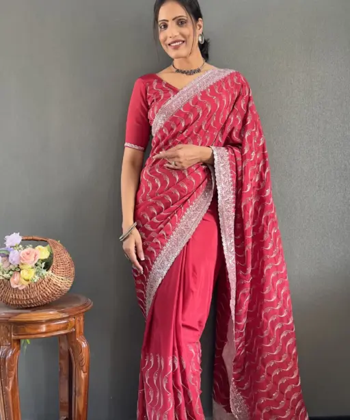 Ready To Wear Wedding Saree With Heavy Embroidery And Sequins Work