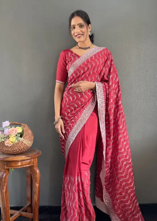 Ready To Wear Wedding Saree With Heavy Embroidery And Sequins Work