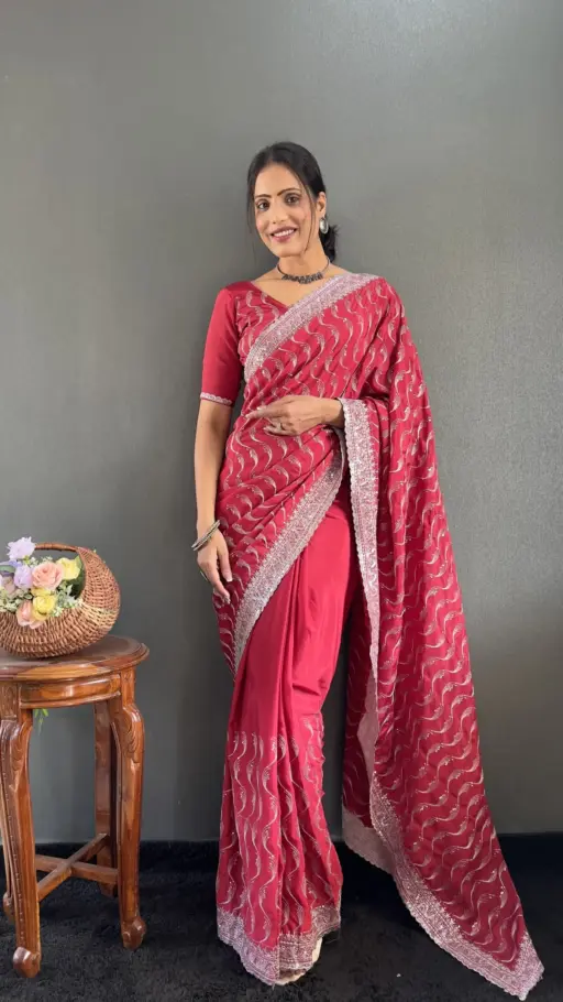 Ready To Wear Wedding Saree With Heavy Embroidery And Sequins Work