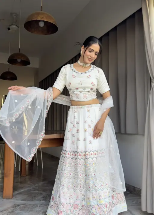 Stylish White Lehenga Choli With Beautiful Multi Color Embroidery Ethnic Lehenga