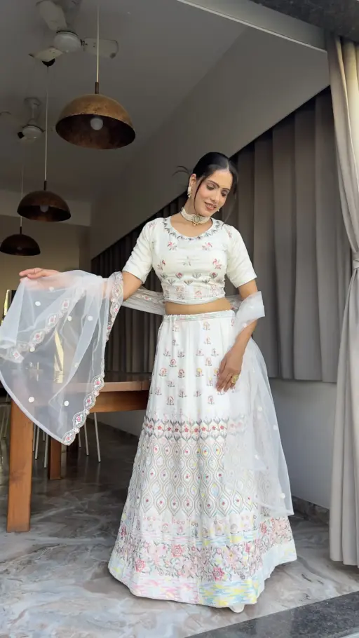 Stylish White Lehenga Choli With Beautiful Multi Color Embroidery Ethnic Lehenga