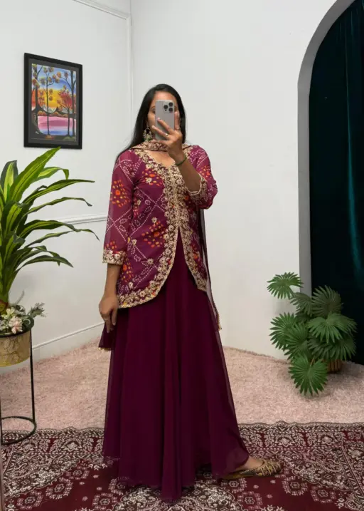 Superhit Trending Faux Georgette Bandhani Koti-Lehenga 3 Piece Suit Set