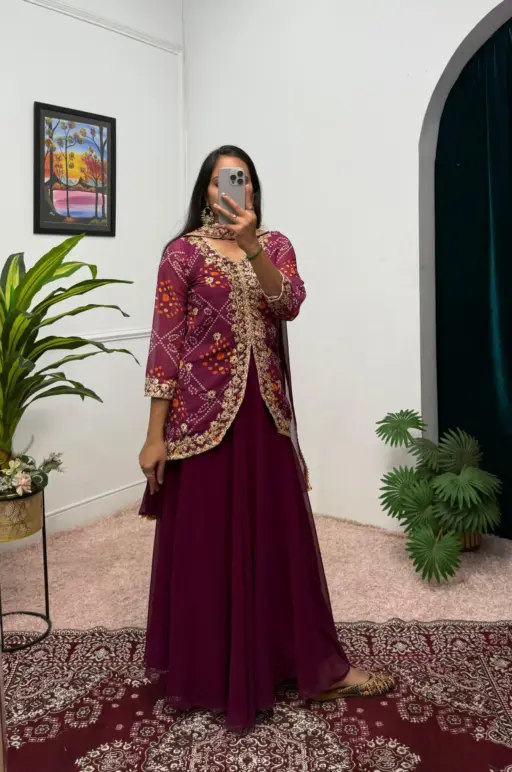 Superhit Trending Faux Georgette Bandhani Koti-Lehenga 3 Piece Suit Set