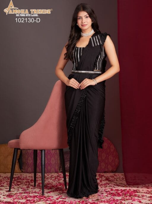 "Woman in pre-stitched floral ready-to-wear saree from ethnicsuits.in"