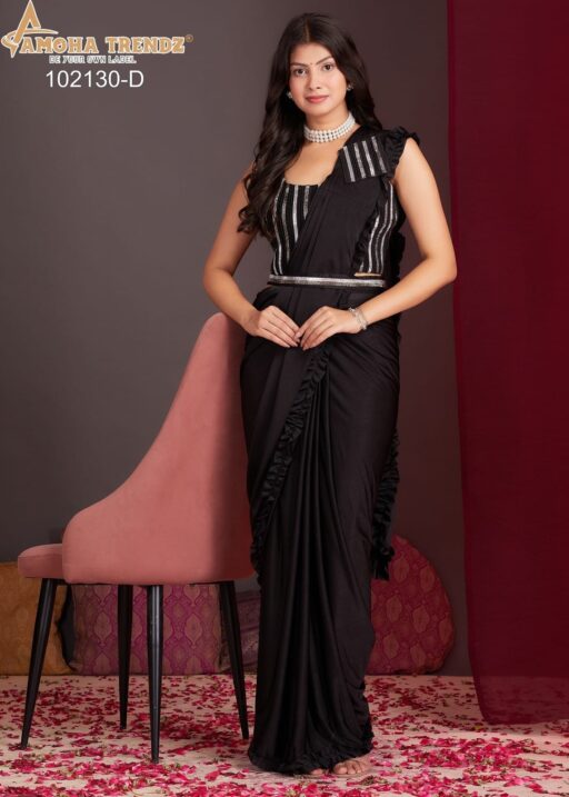 "Woman in pre-stitched floral ready-to-wear saree from ethnicsuits.in"