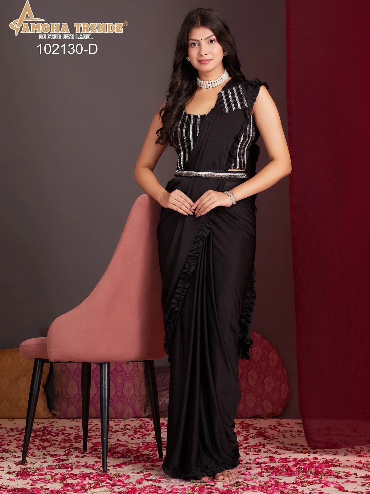 "Woman in pre-stitched floral ready-to-wear saree from ethnicsuits.in"