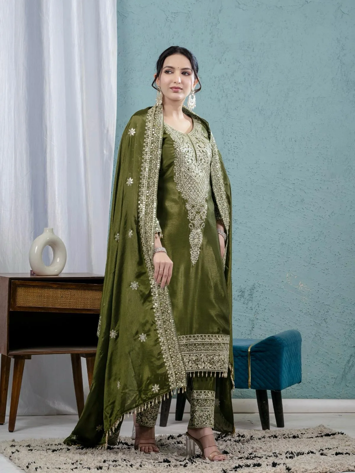 Embellished Green Readymade Pakistani Salwar Kameez - Image 2