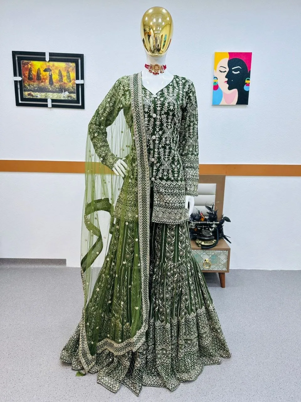 Pakistani Style Green Sharara Suits For Girls - Image 3