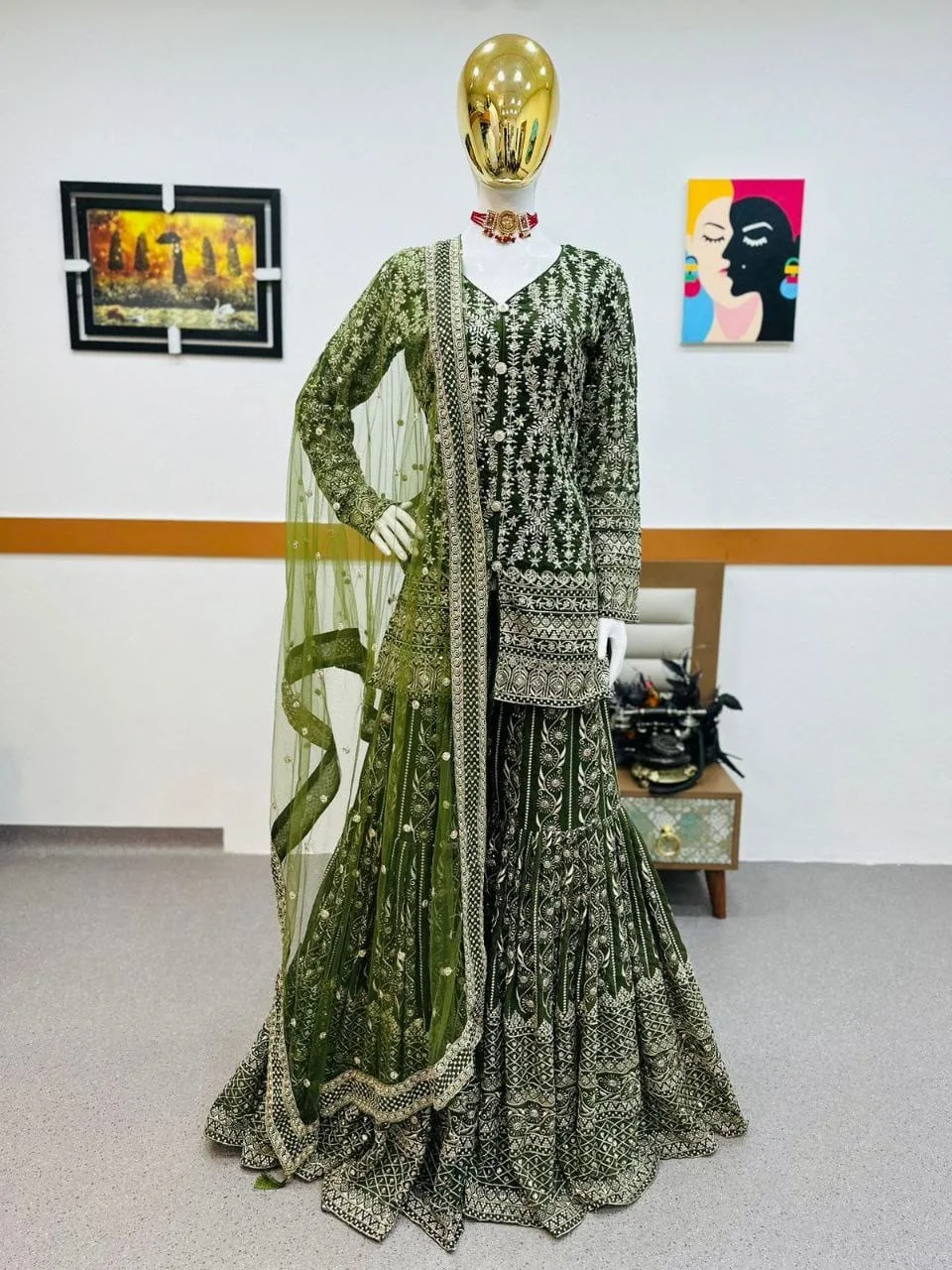 Pakistani Style Green Sharara Suits For Girls - Image 4