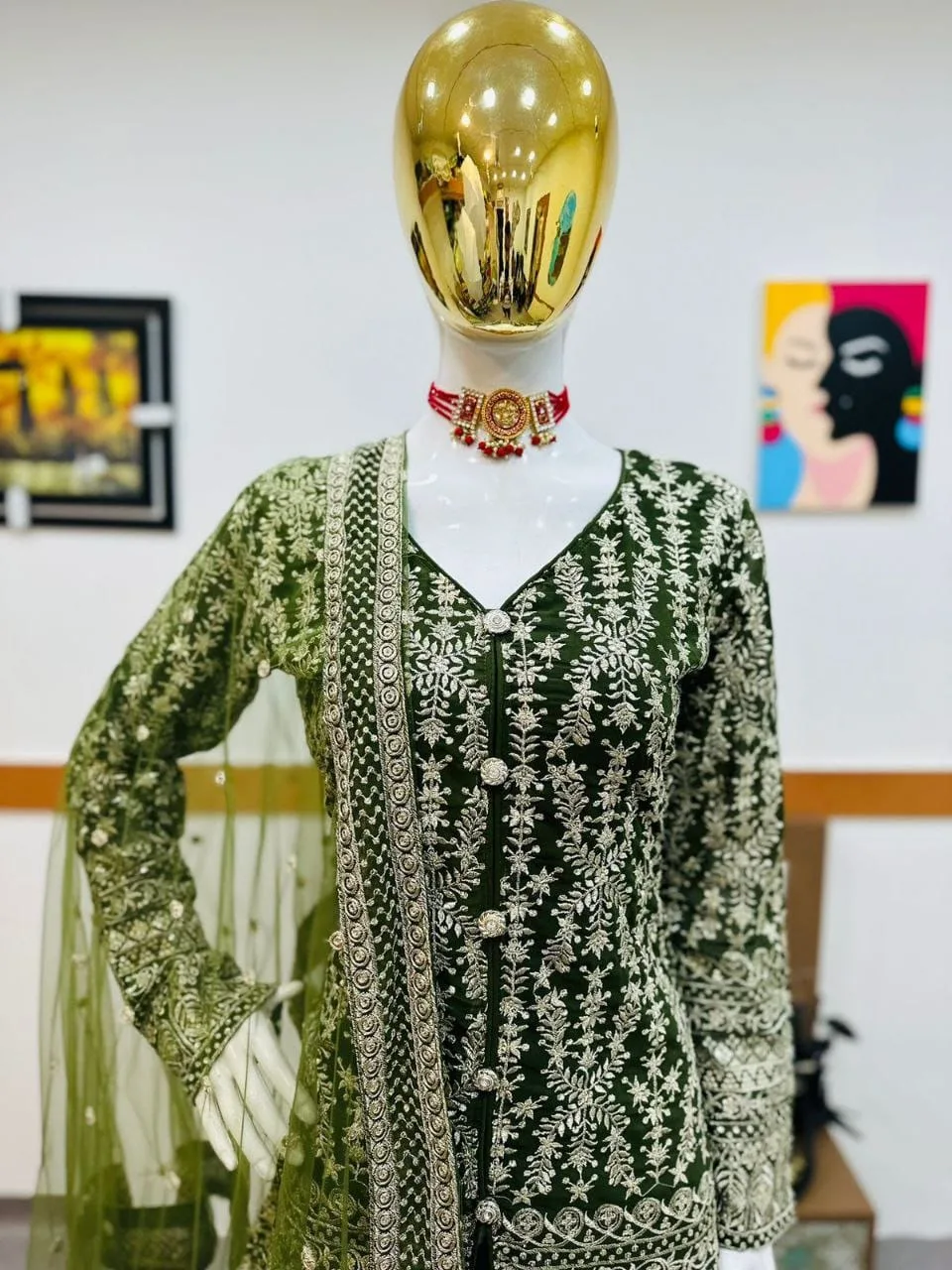 Pakistani Style Green Sharara Suits For Girls - Image 2