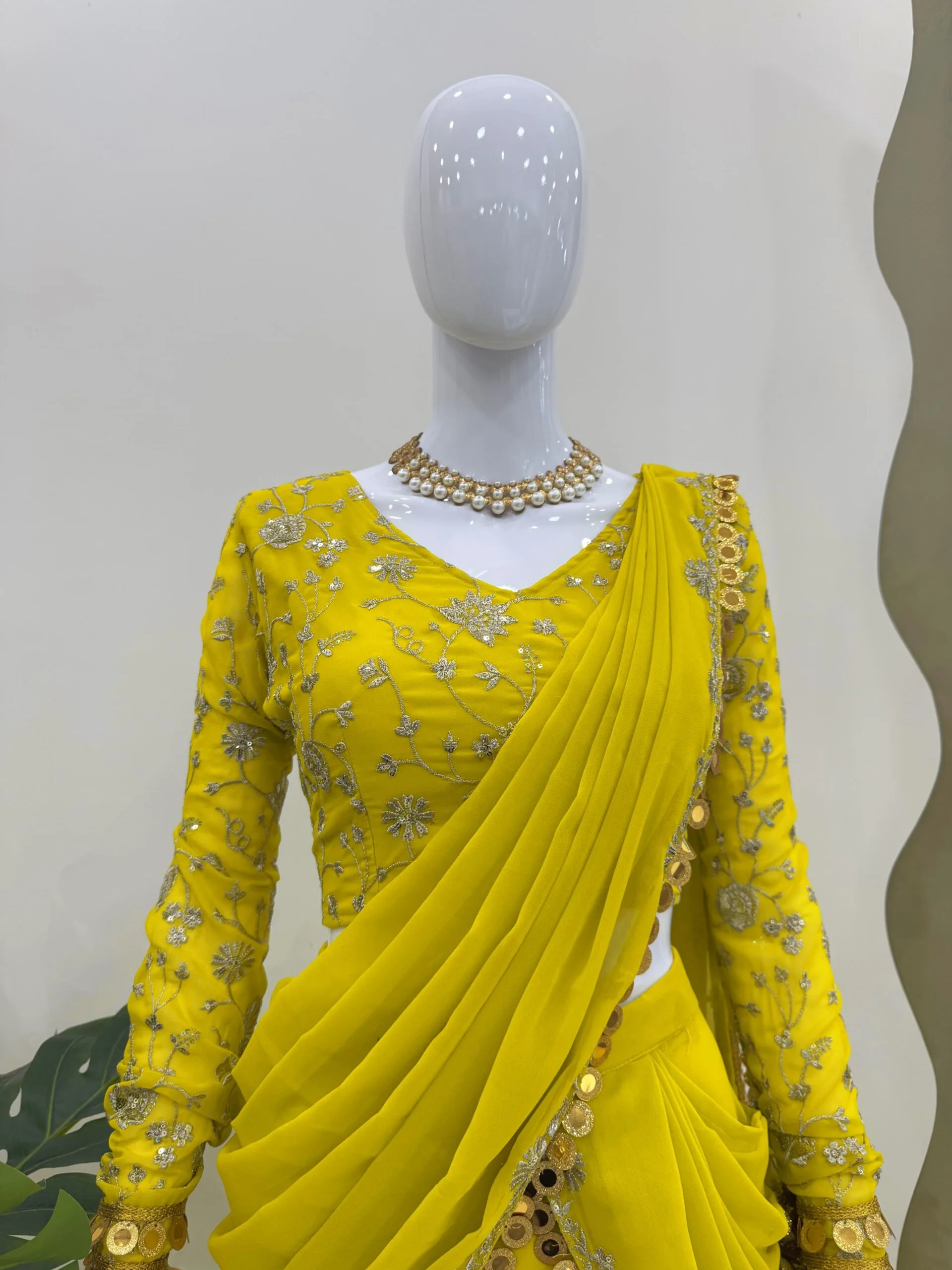 Trending Yellow Haldi Wear Lehenga Saree For Girls - Image 4