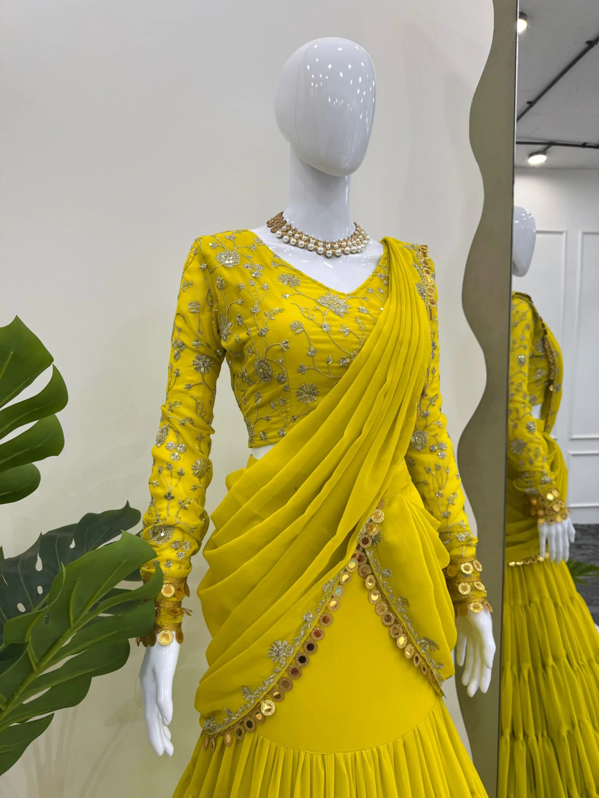 Trending Yellow Haldi Wear Lehenga Saree For Girls - Image 3