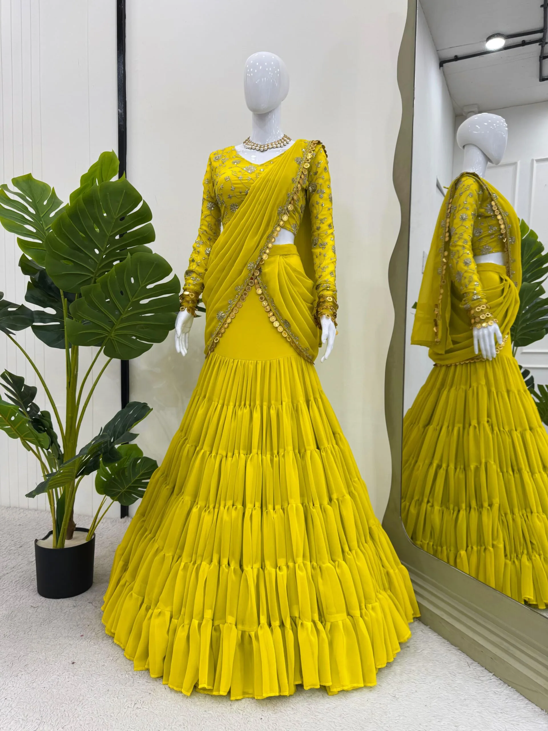 Trending Yellow Haldi Wear Lehenga Saree For Girls - Image 2