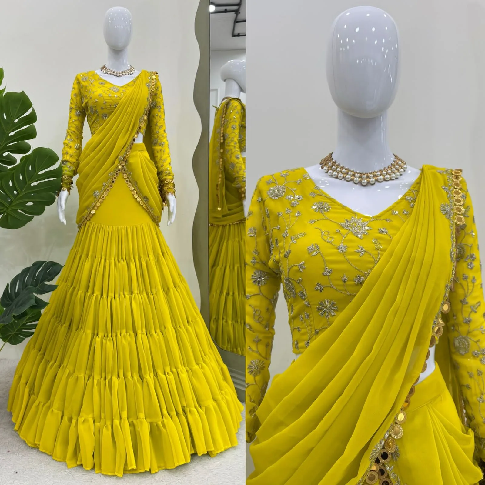 Trending Yellow Haldi Wear Lehenga Saree For Girls - Image 5