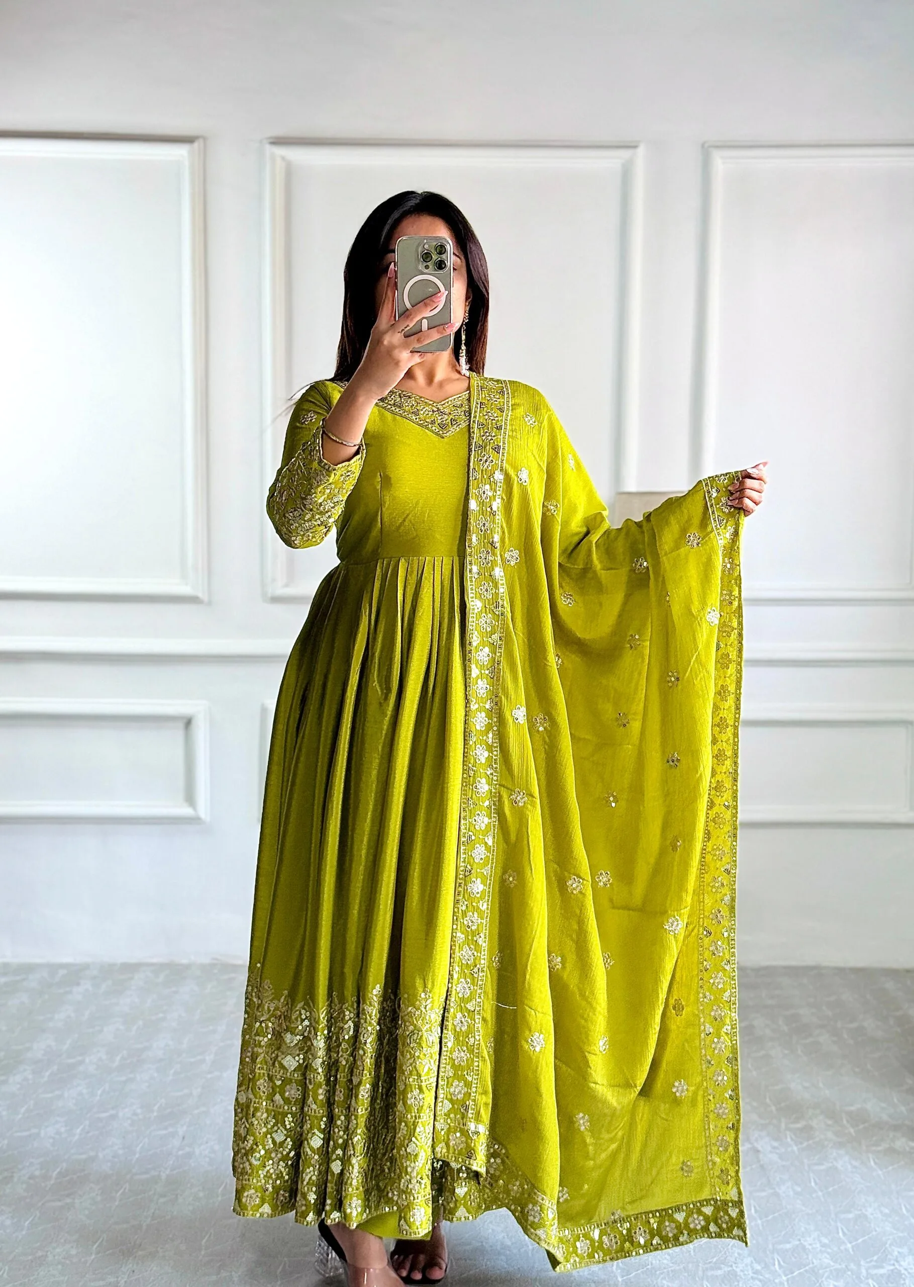 Embellished Green Color Trending Anarkali Gown With Heavy Embroidery Sequence Work - Image 5