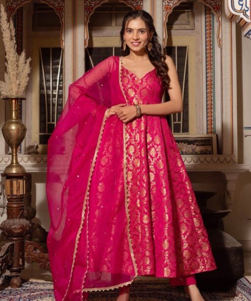 Jacquard Silk Red Readymade Gown Dupatta