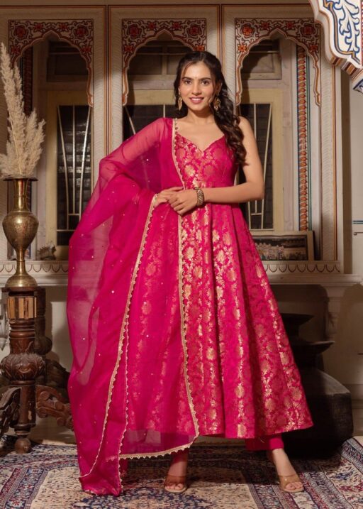 Jacquard Silk Red Readymade Gown Dupatta