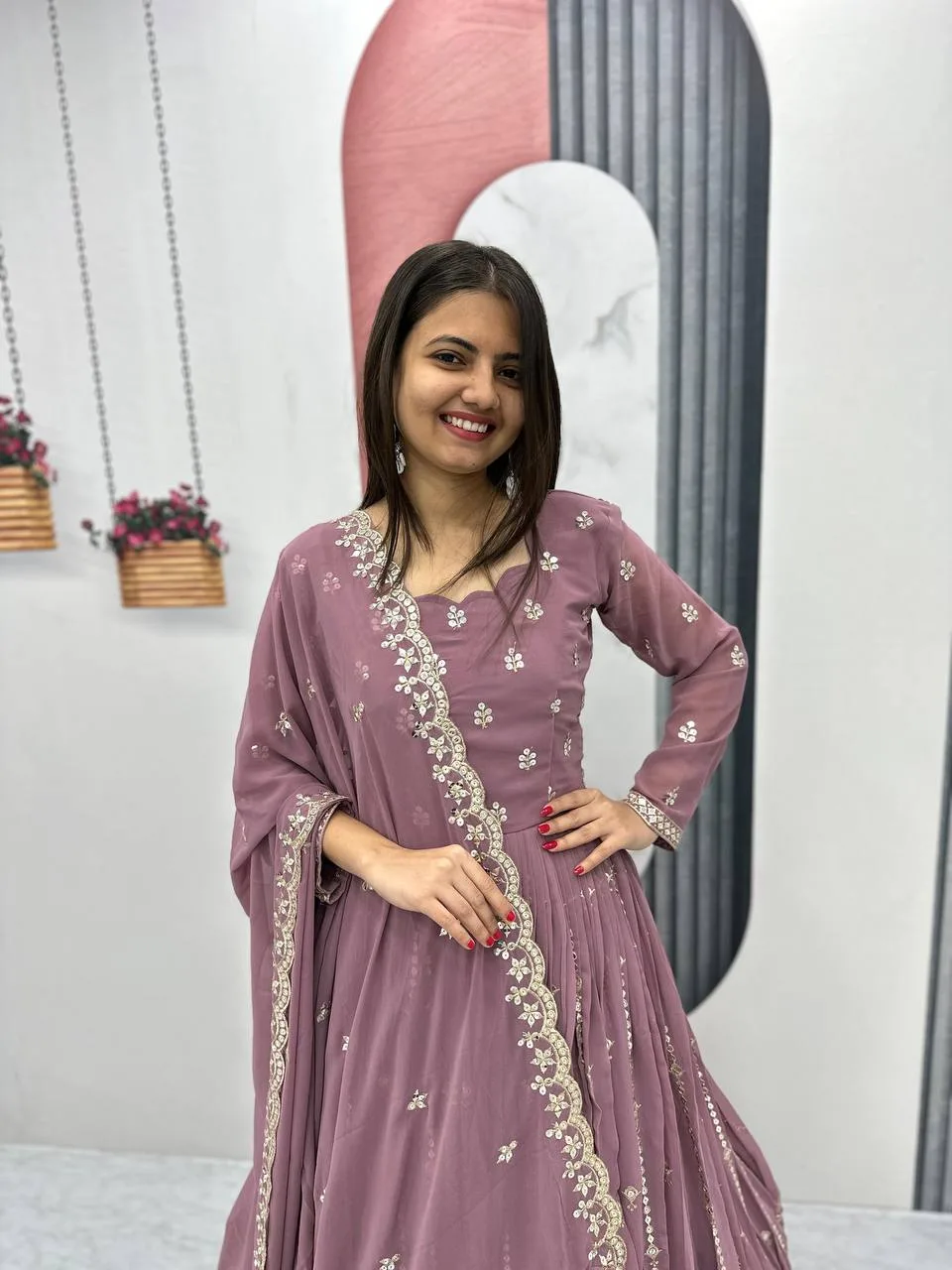 Light Shade Party Wear Georgette Gown With Dupatta - Image 2