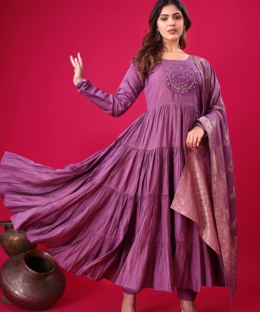 Maroon Big Flair Gown With Jacquard Dupatta