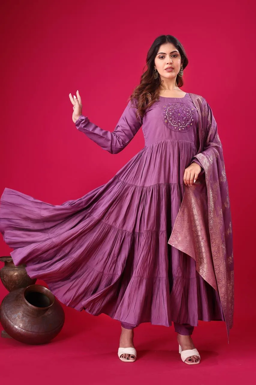 Maroon Big Flair Gown With Jacquard Dupatta