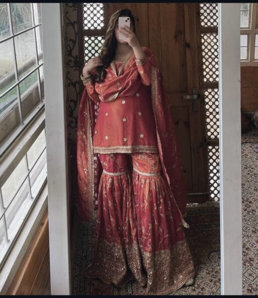 Orange Wedding Wear Sharara Salwar Kameez With Short Top For Women