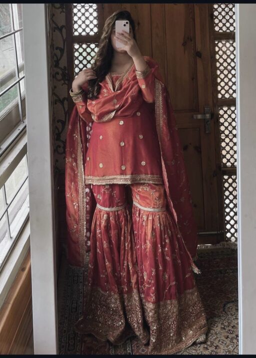 Orange Wedding Wear Sharara Salwar Kameez With Short Top For Women