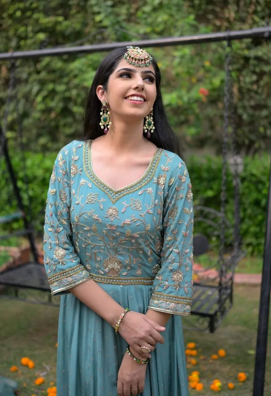Sky Blue Gown For Girls Iftar Party Dresses - Image 3