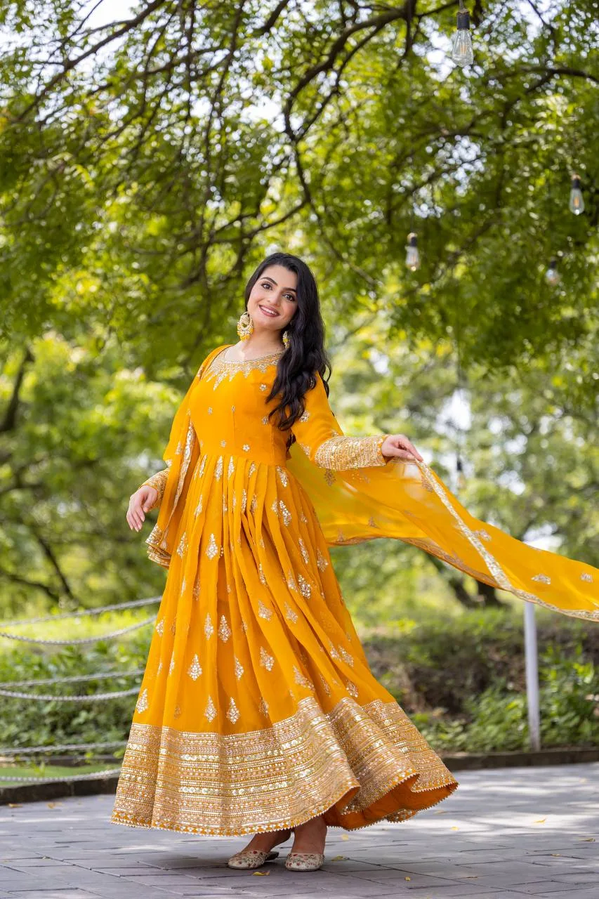 Trending Wear Heavy Embroidery Yellow Anarkali Suit For Haldi Function - Image 3