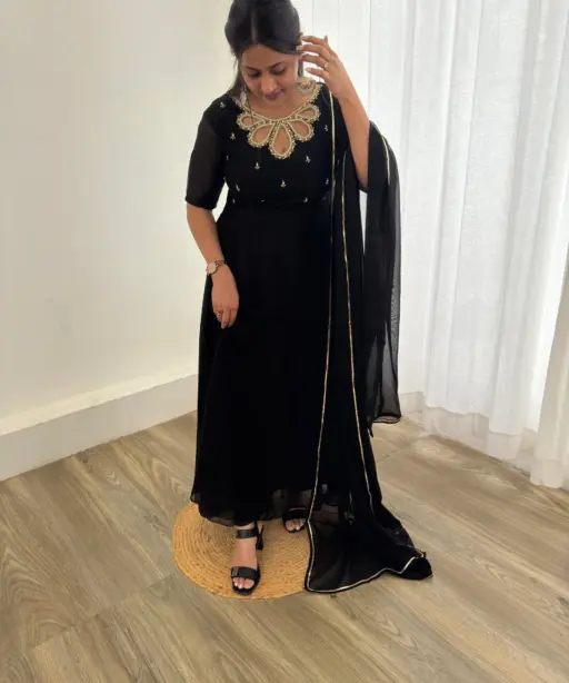 Stylish Black Gown with Dupatta With Beautiful Neck Design