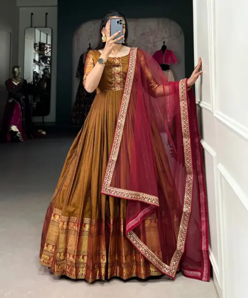 Brown Anarkali Gown Dupatta With Animal Weaving Border