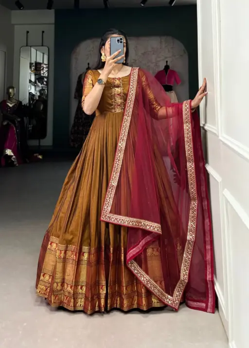 Brown Anarkali Gown Dupatta With Animal Weaving Border