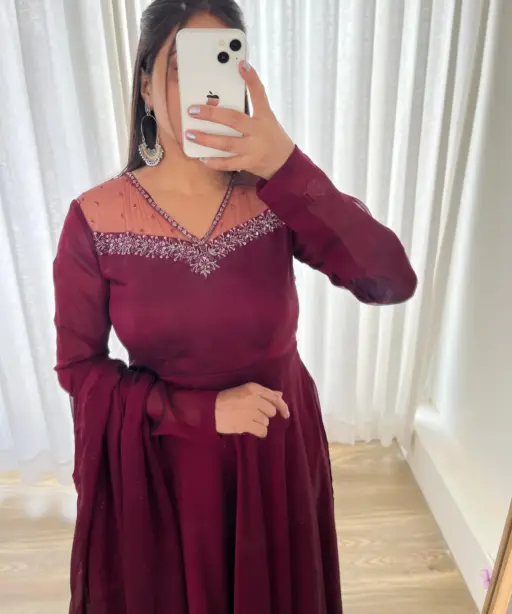 Designer Red Gown Dupatta With Handwork V Neck Design