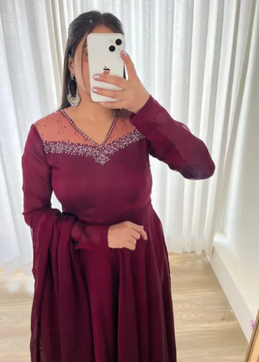 Designer Red Gown Dupatta With Handwork V Neck Design