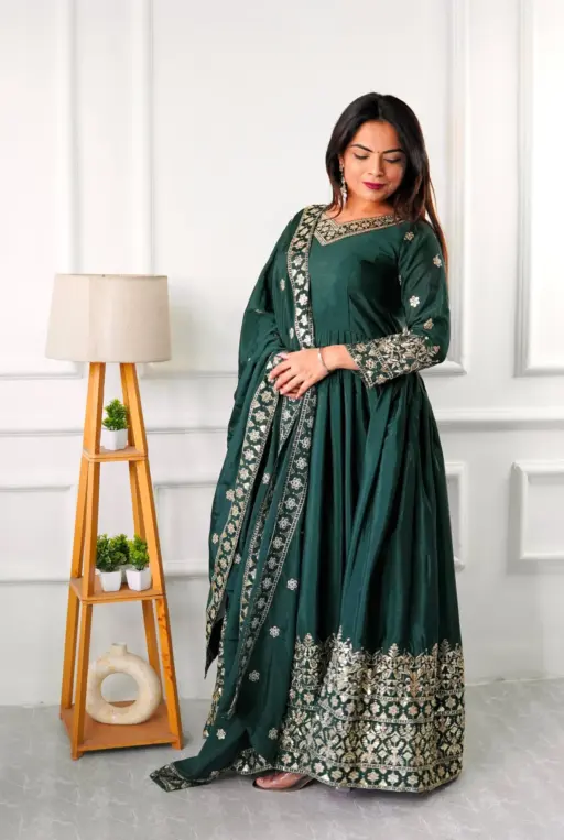 Embellished Green Color Trending Anarkali Gown With Heavy Embroidery Sequence Work