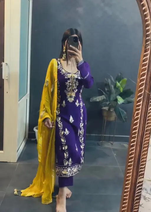 Exclusive Readymade Straight Salwar Suit With Heavy Embroidery