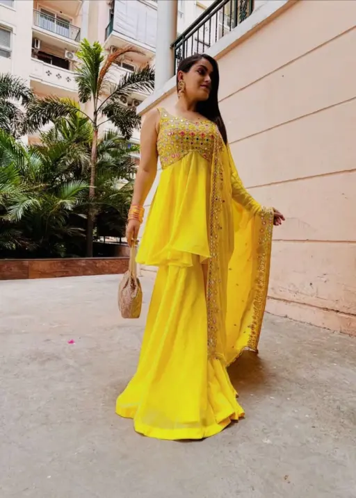 Fashionable Yellow Plazzo Suit For Haldi Function