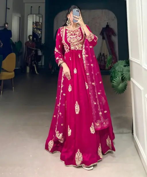 Festive Wear Silk Embroidery Gown With Dupatta