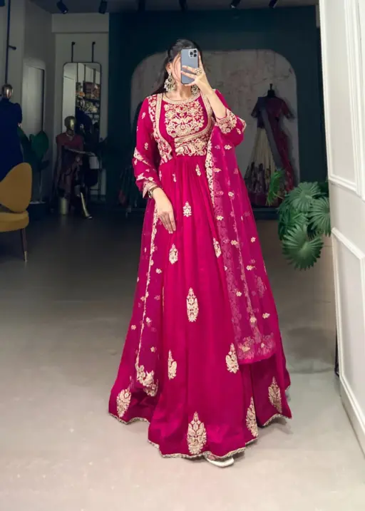 Festive Wear Silk Embroidery Gown With Dupatta