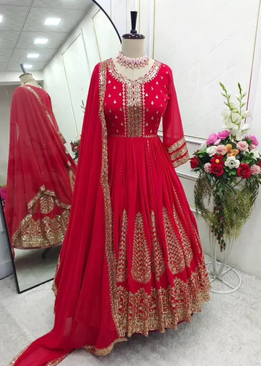 Floor Length Anarkali Gown Dupatta With Heavy Embroidery Work