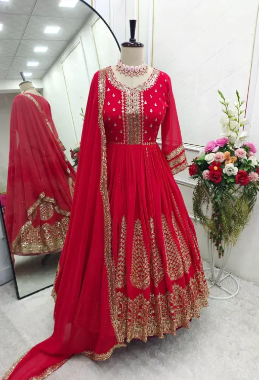Floor Length Anarkali Gown Dupatta With Heavy Embroidery Work