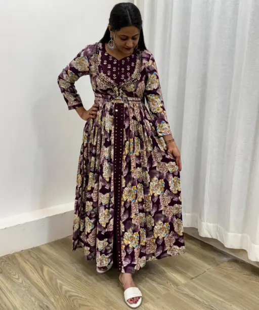 Floral Printed Slit Cut Gown With Handwork And Real Mirror Work