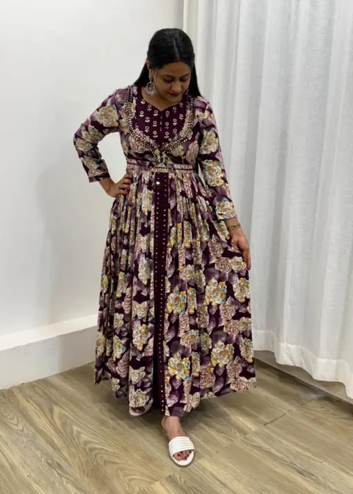 Floral Printed Slit Cut Gown With Handwork And Real Mirror Work